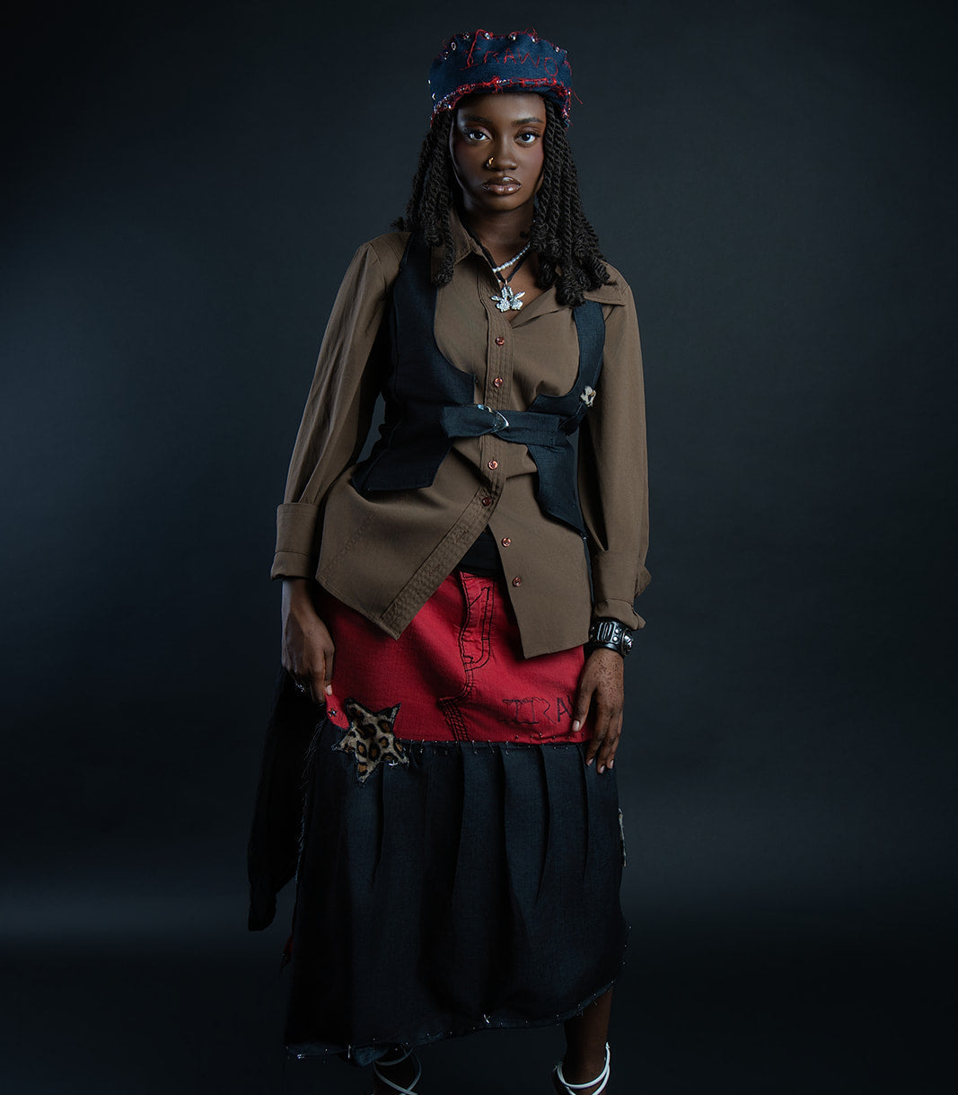 Red & Black Denim Maxi Skirt