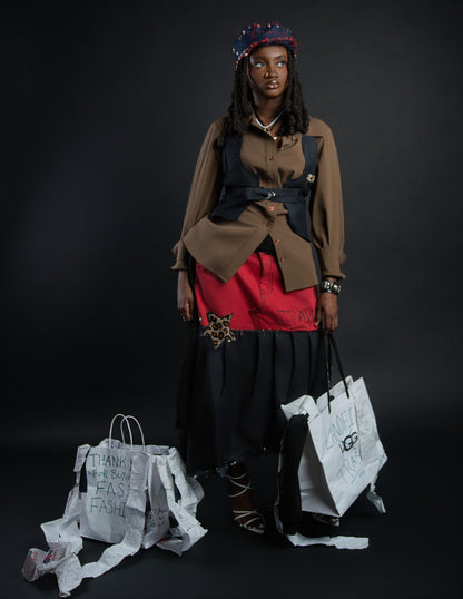 Red & Black Denim Maxi Skirt